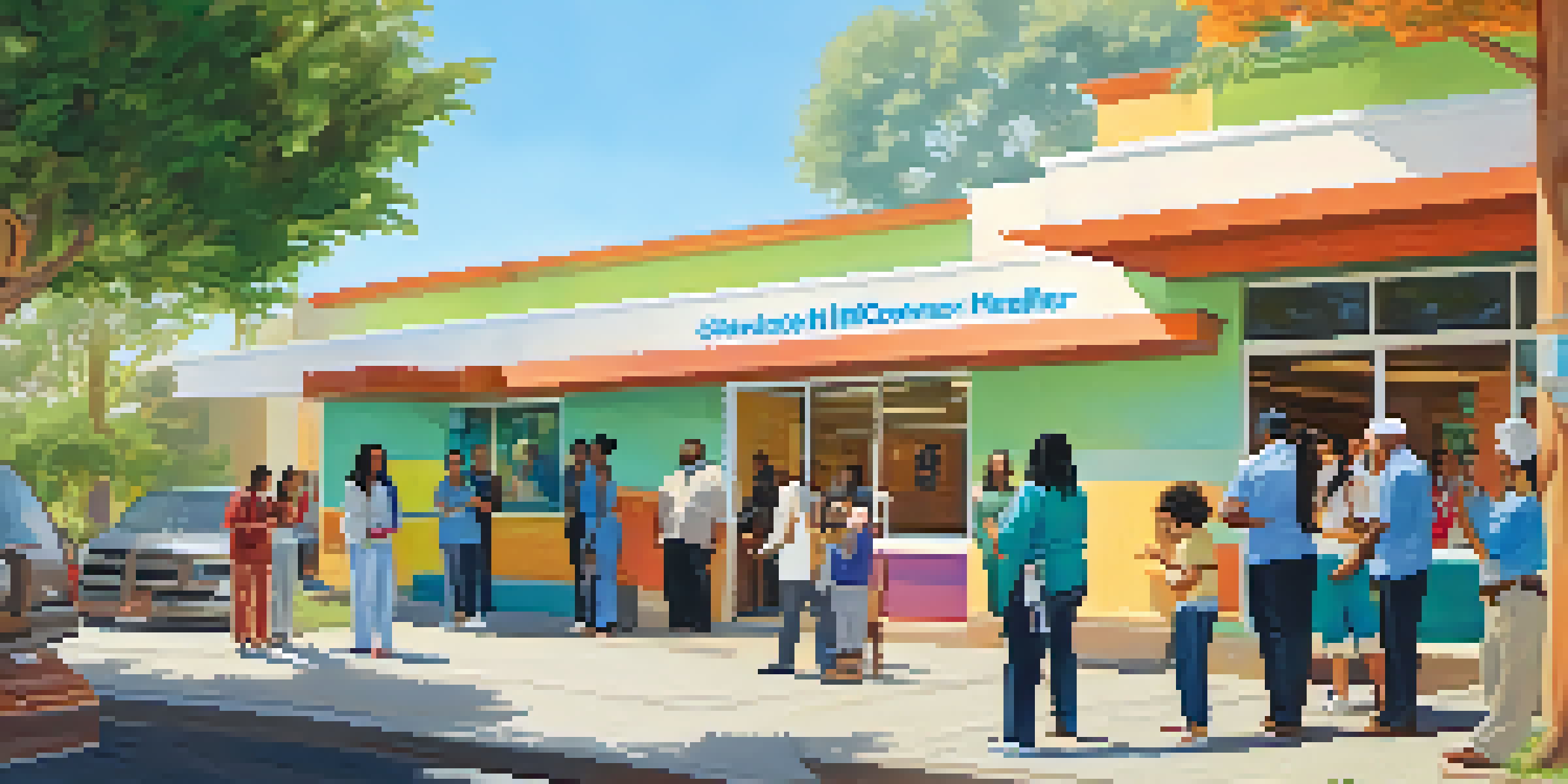 A community health center with people of various ethnicities engaging in healthcare activities, with colorful murals and a warm sunny ambiance.