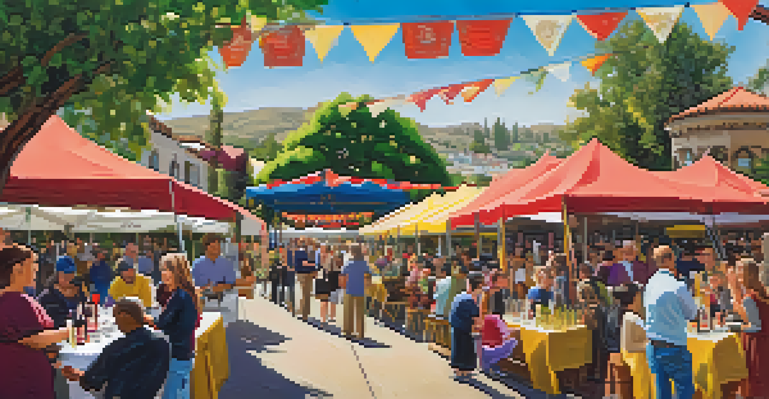 A vibrant wine festival in San Jose, featuring attendees sampling wines and enjoying food pairings amidst colorful decorations.