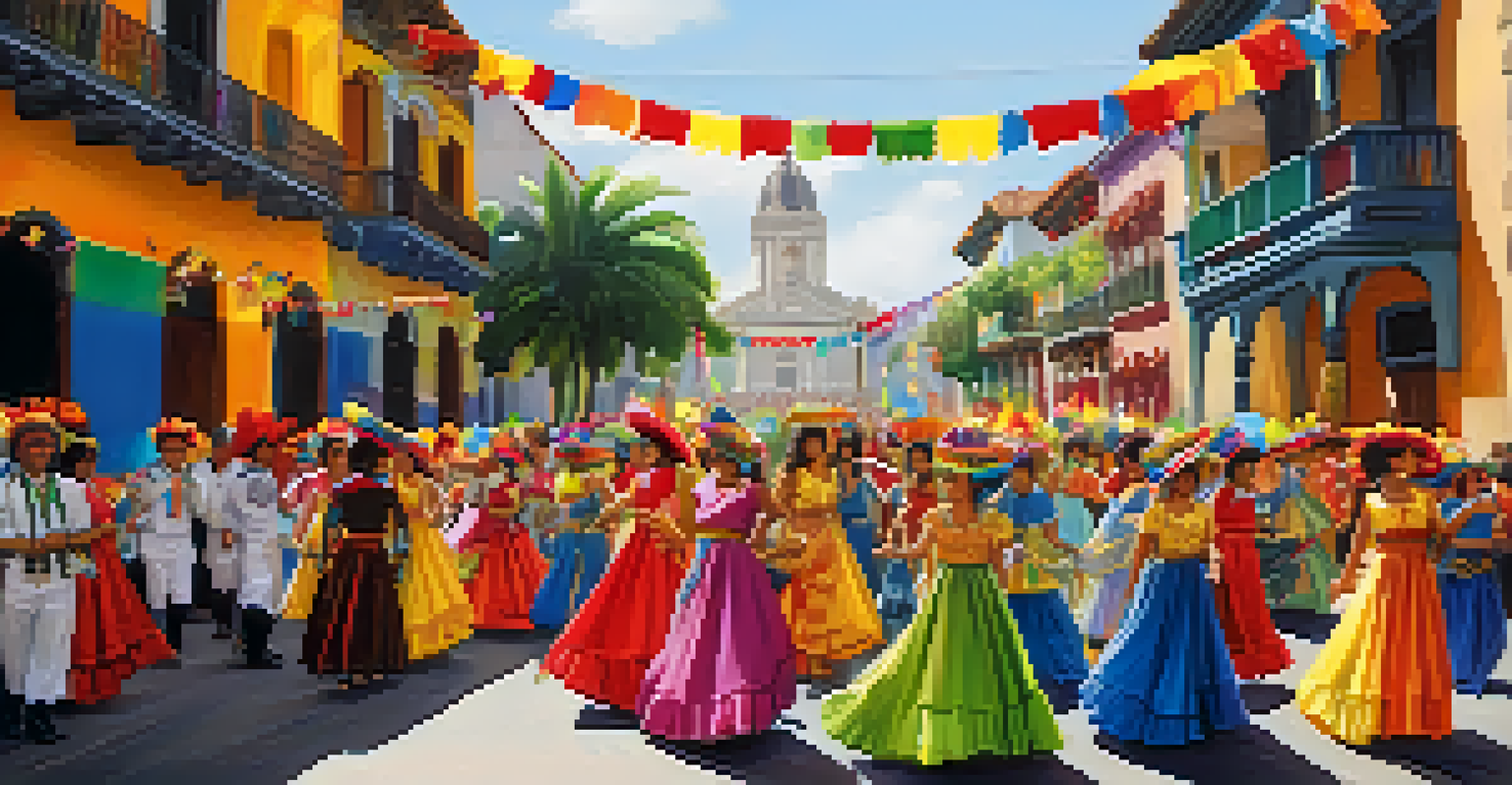A festive parade with colorful costumes and families enjoying food at the Fiesta de San Jose celebration.