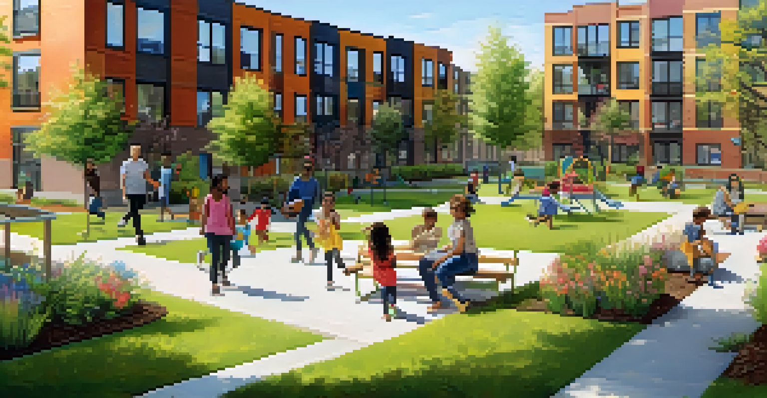 Families enjoying a green space in an affordable housing complex.