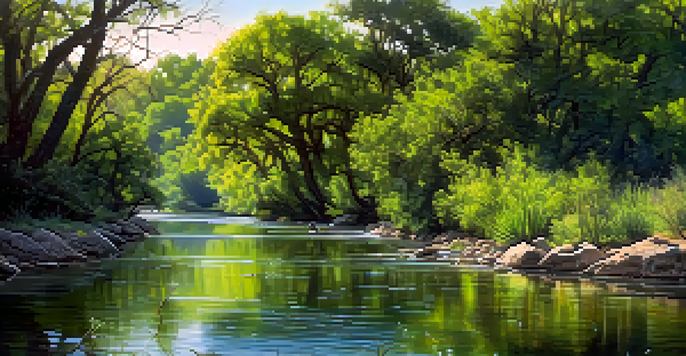 A scenic view of the Guadalupe River surrounded by greenery and colorful flowers, with birds visible in the trees and sunlight filtering through the leaves.