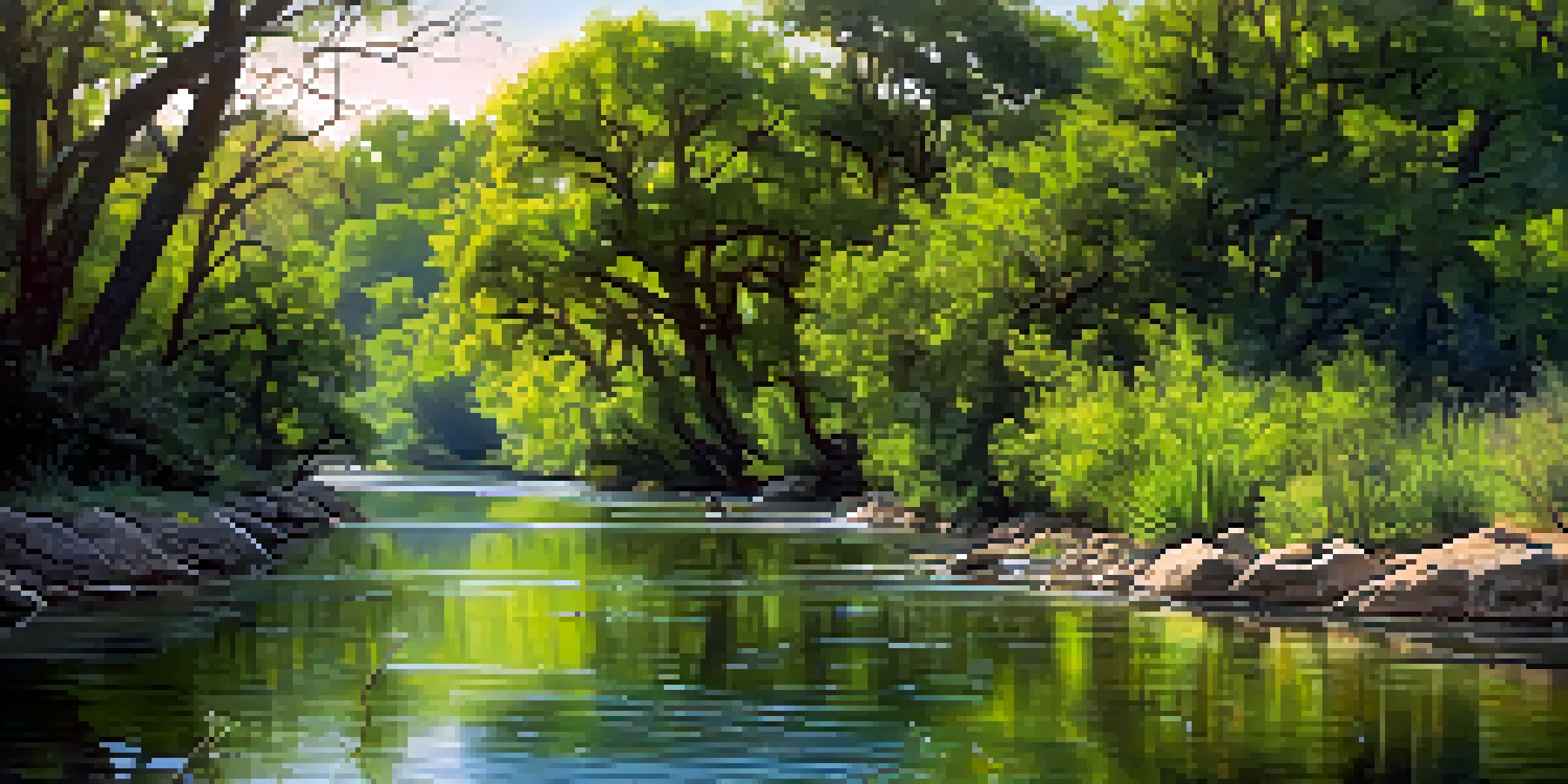 A scenic view of the Guadalupe River surrounded by greenery and colorful flowers, with birds visible in the trees and sunlight filtering through the leaves.