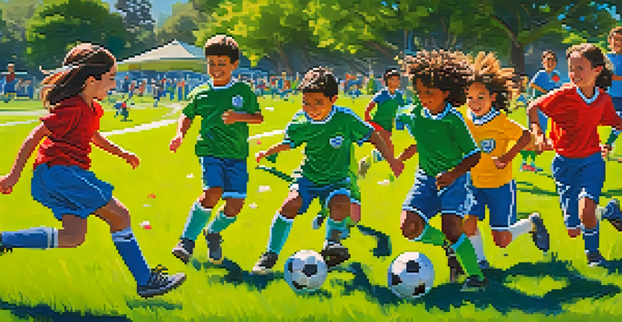Children playing soccer in a sunny park, with parents cheering and flowers blooming around them.