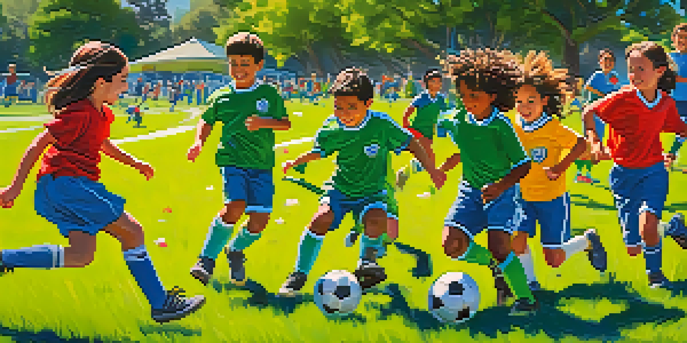 Children playing soccer in a sunny park, with parents cheering and flowers blooming around them.