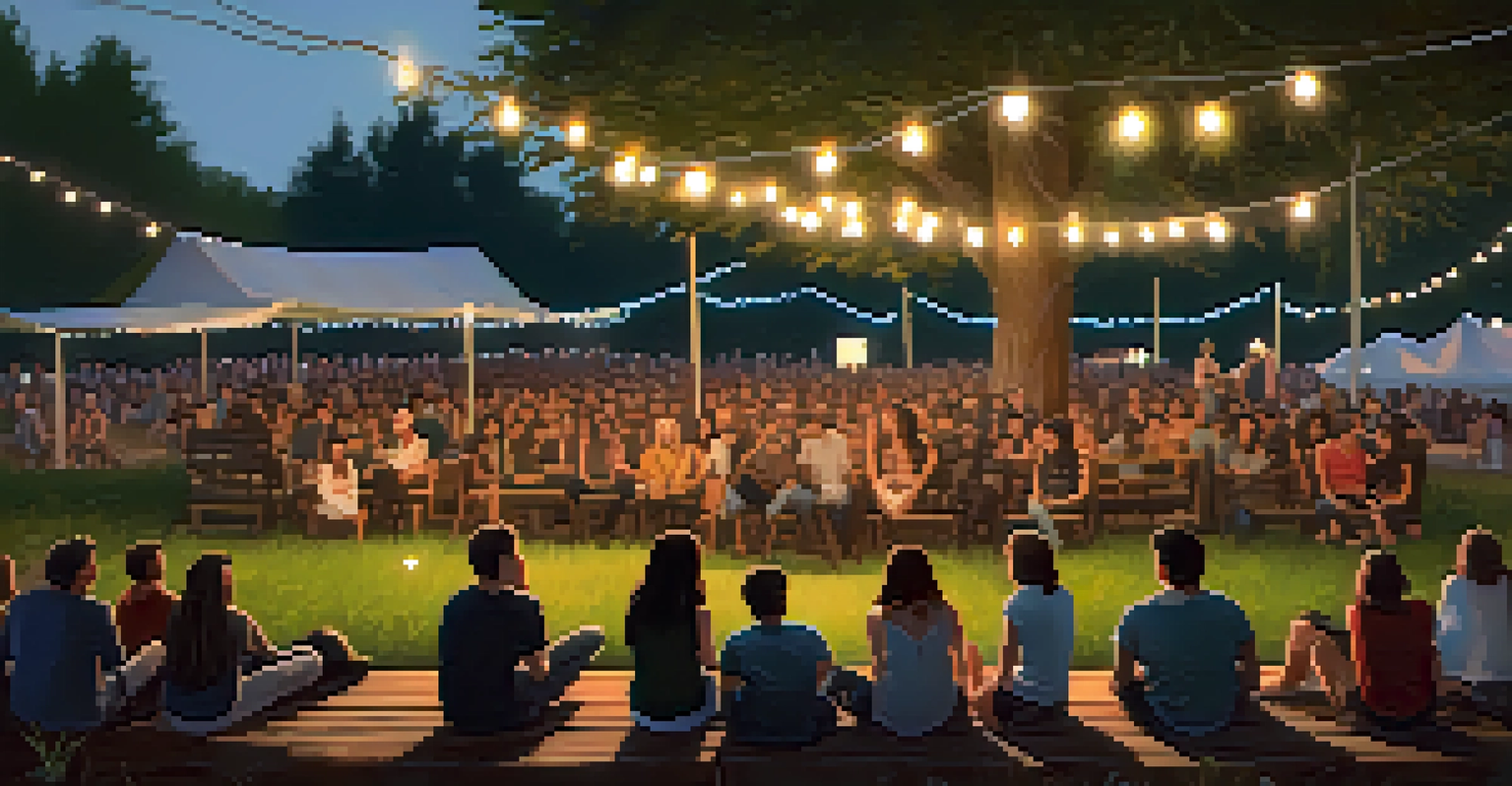 A local band performing on a rustic stage at a small music festival, with an intimate audience enjoying the atmosphere.