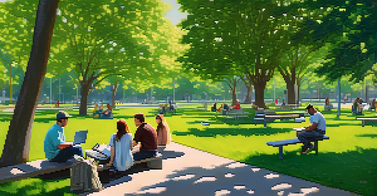 A peaceful park in San Jose where people are working on laptops amidst nature, enjoying the sunny weather.