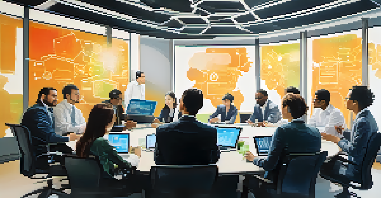 A diverse group of tech professionals engaging in a brainstorming session about cloud computing in a modern meeting room.