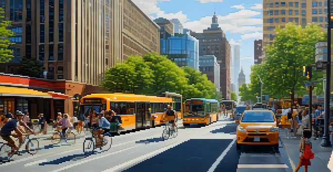 A lively city street with cyclists, pedestrians, and electric buses, surrounded by modern buildings and greenery under warm sunlight.
