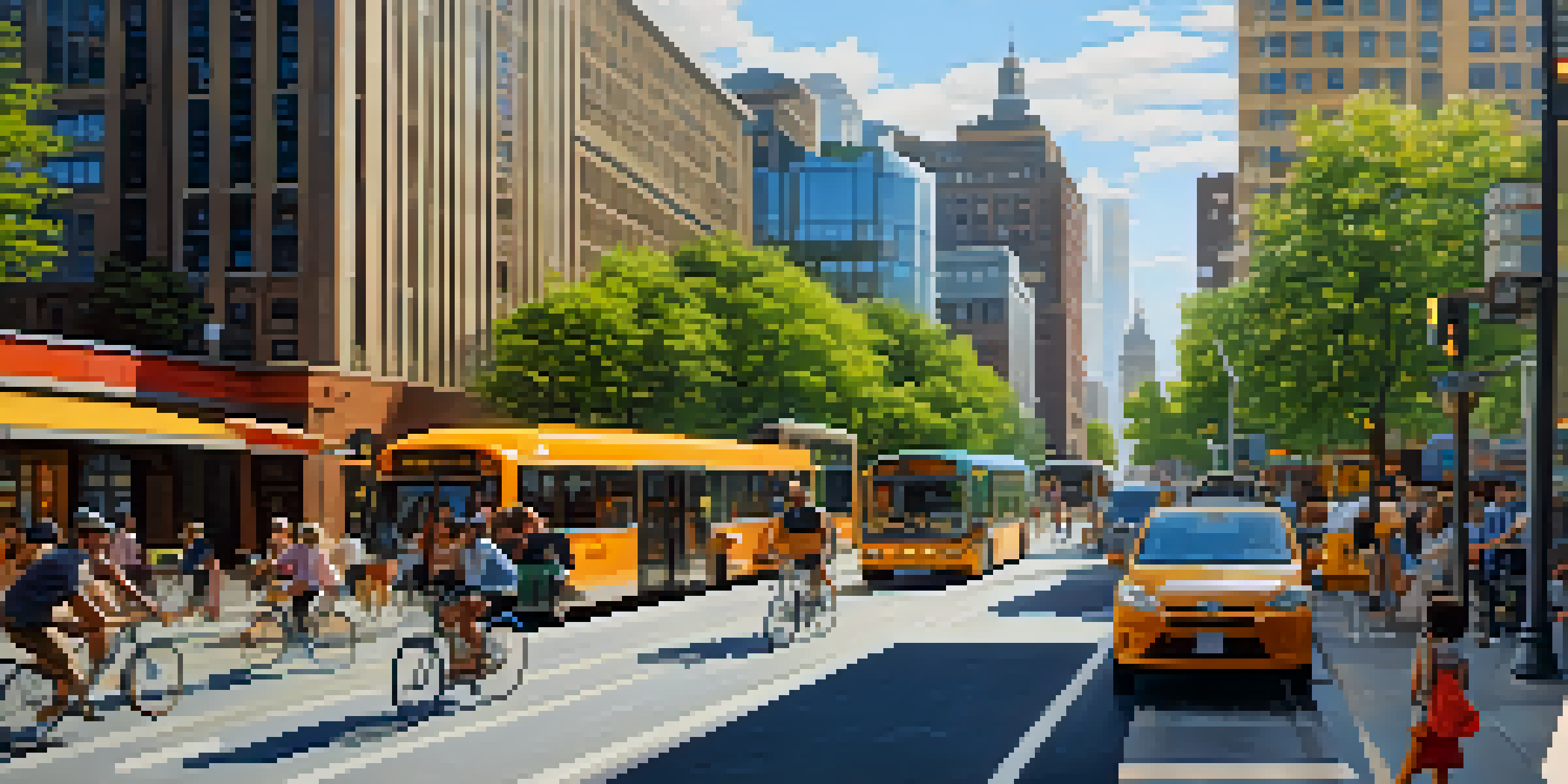 A lively city street with cyclists, pedestrians, and electric buses, surrounded by modern buildings and greenery under warm sunlight.