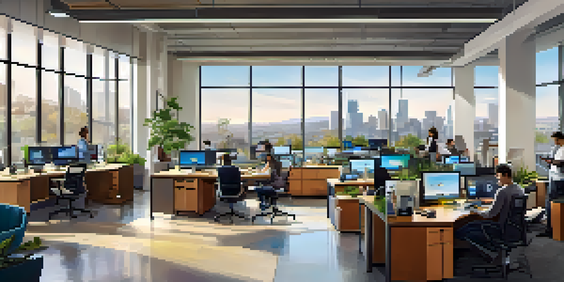 A vibrant tech office with diverse professionals working together, large windows showing the city skyline, and greenery around.