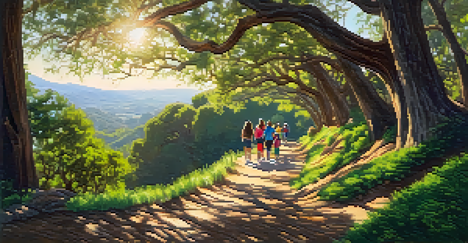Families hiking in Almaden Quicksilver County Park, surrounded by lush greenery and sunlight filtering through the trees.