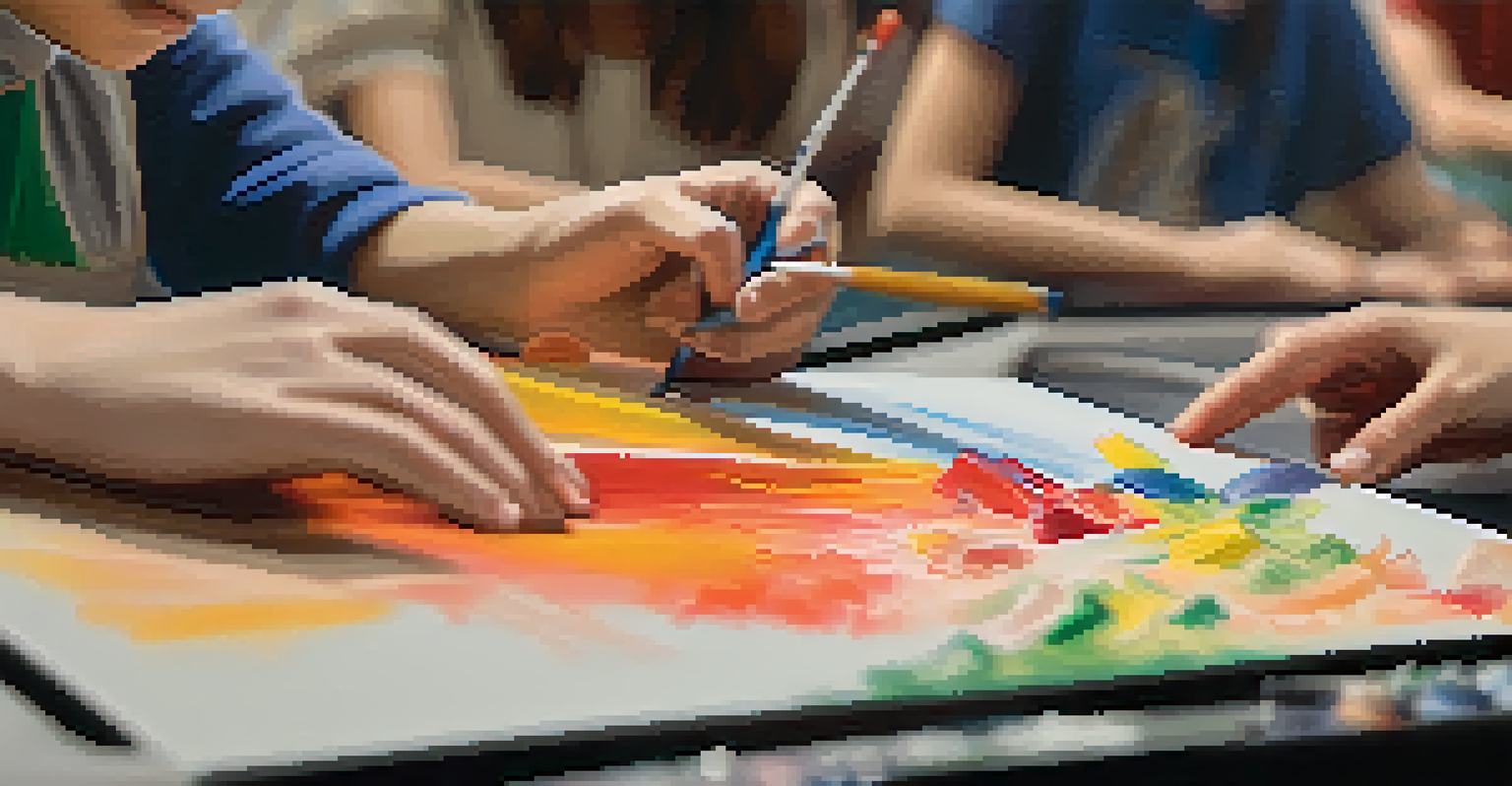 A student's hands painting on a canvas with bright colors, while classmates rehearse for a theater production in the background.