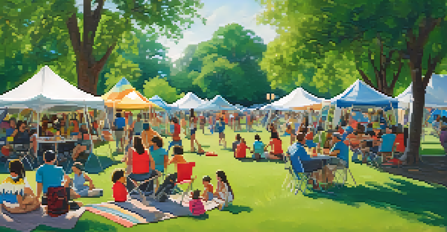 A lively community festival in a park with families enjoying food and activities under colorful tents.