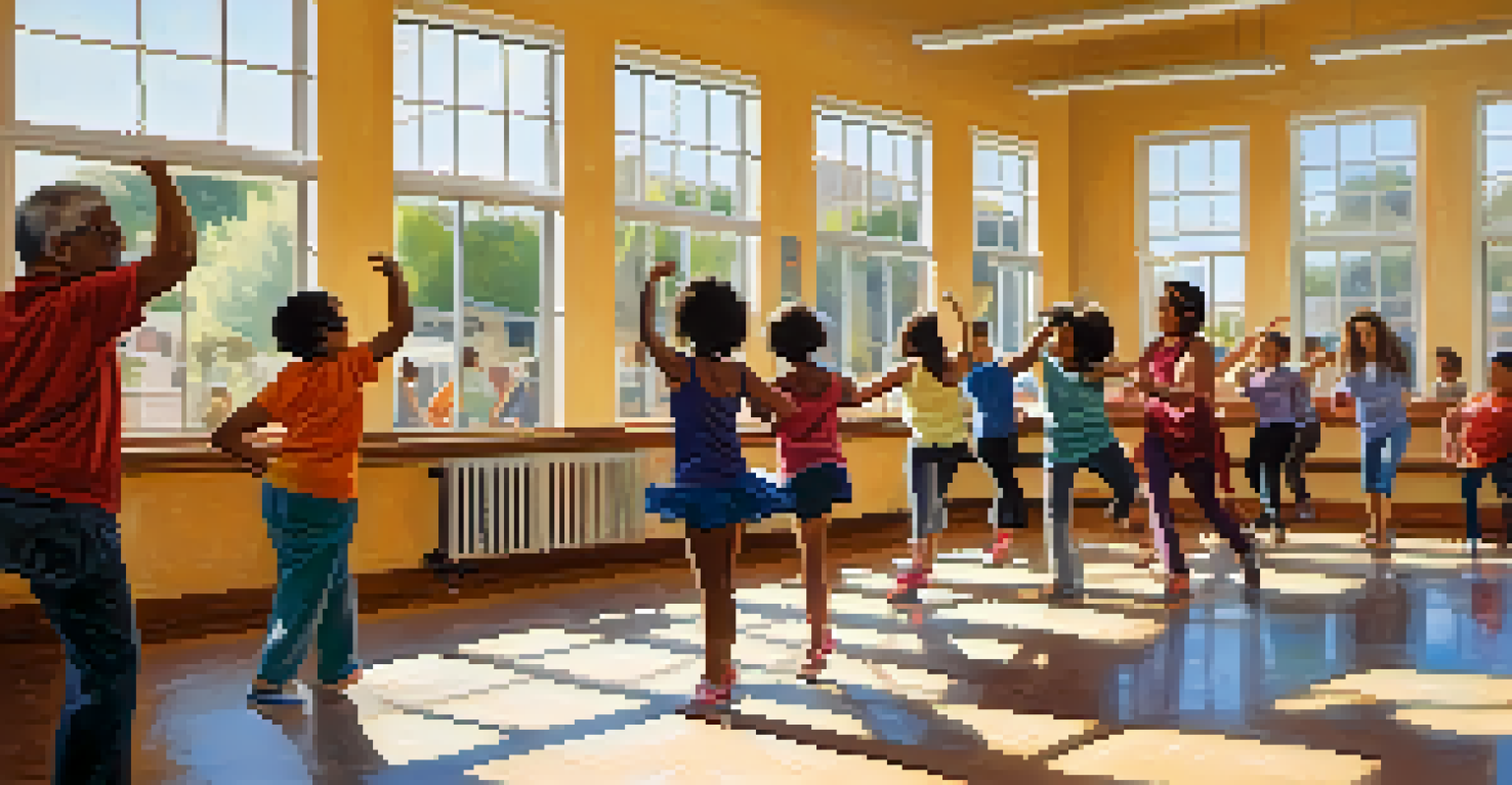 Inside a community center in San Jose, people of all ages enjoy a dance class in a sunlit room adorned with local artwork, embodying a sense of community.