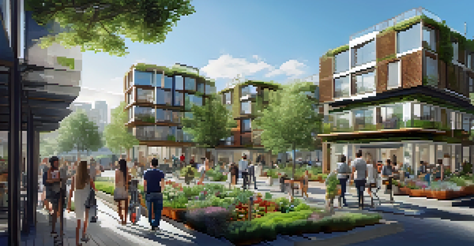 A lively urban scene with compact micro-housing units, young professionals, and community gardens under a blue sky.