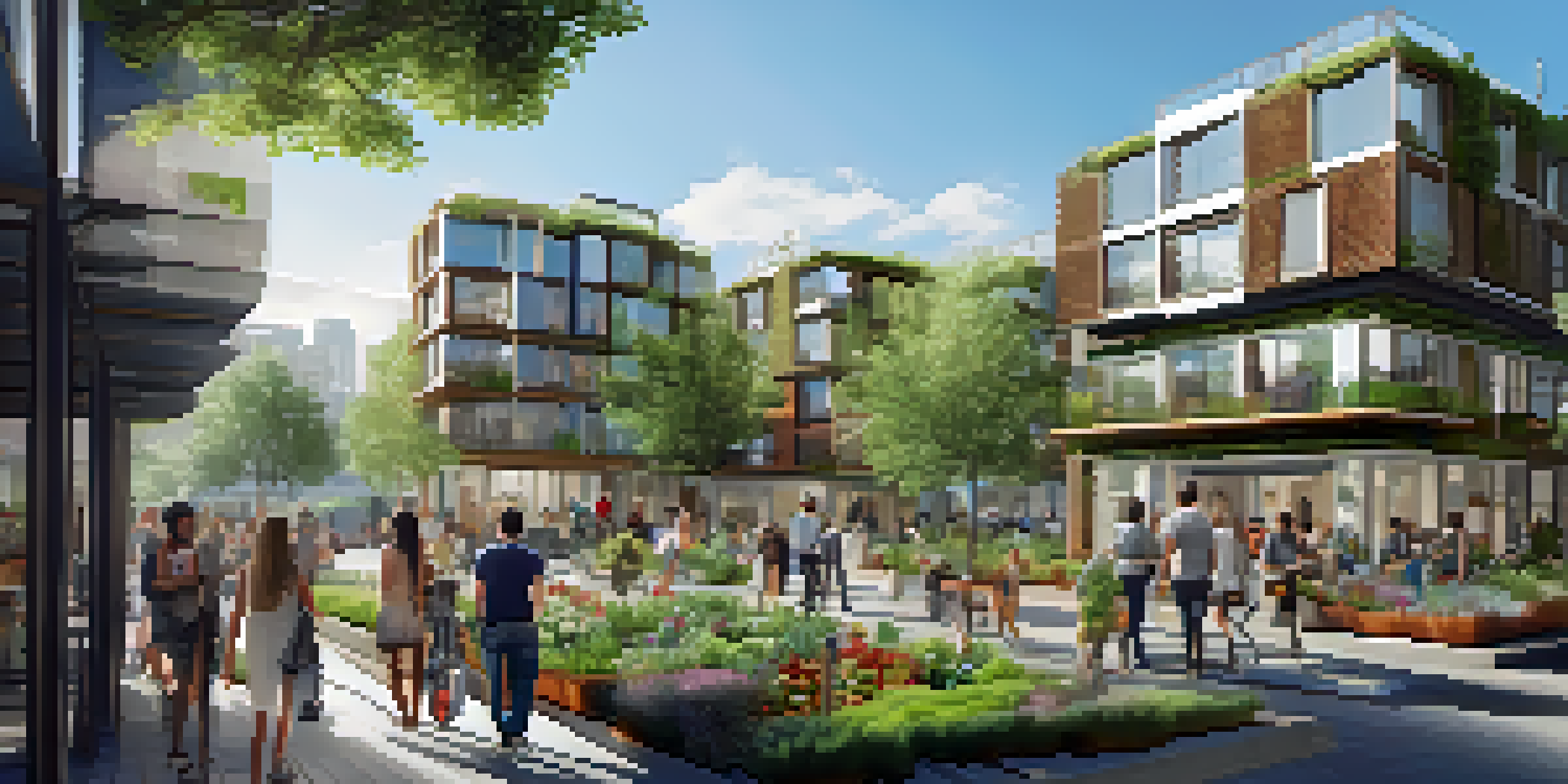 A lively urban scene with compact micro-housing units, young professionals, and community gardens under a blue sky.