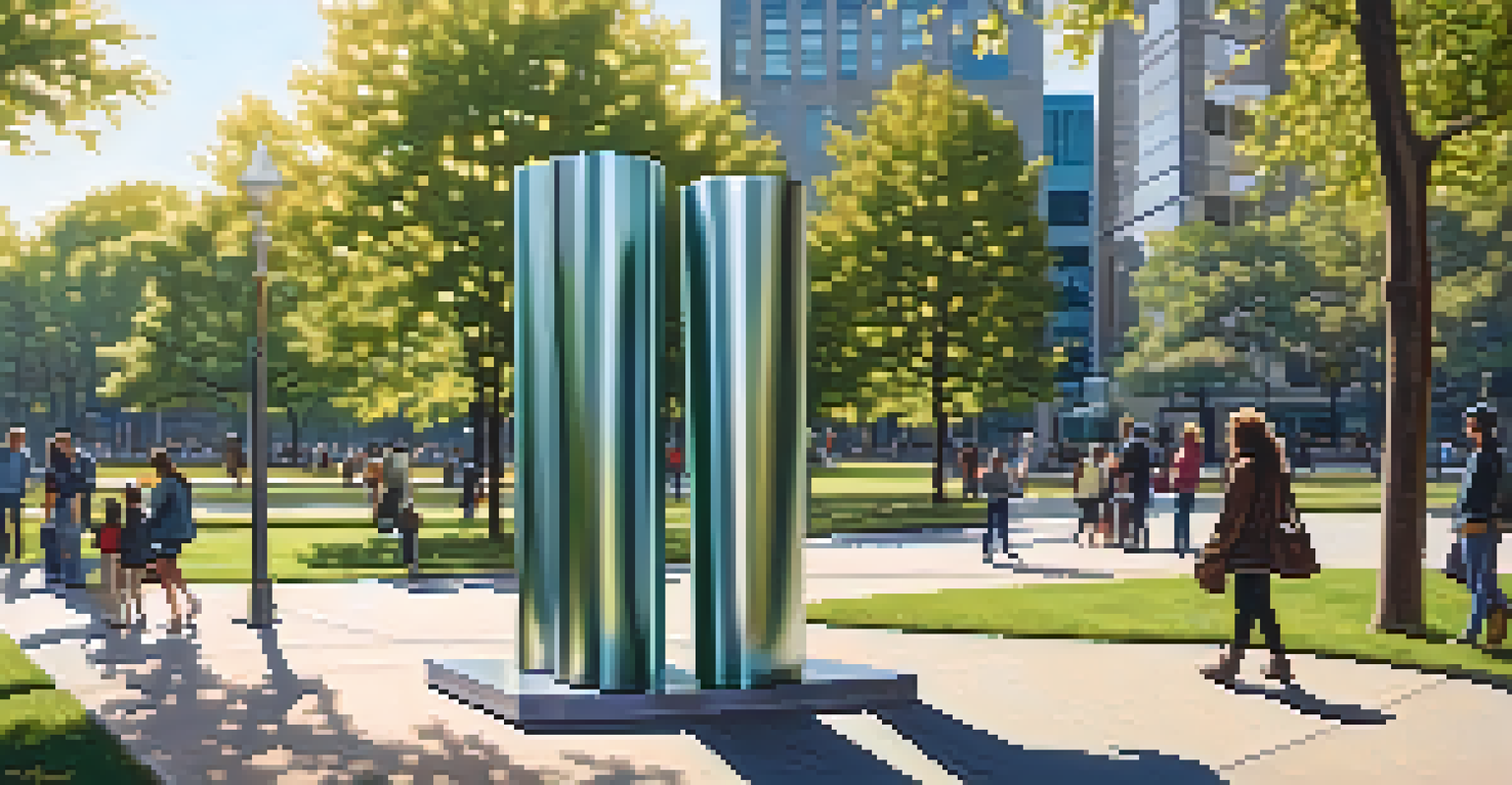 An enormous metallic sculpture called 'The Hammer' in an urban park, surrounded by greenery and people walking by.