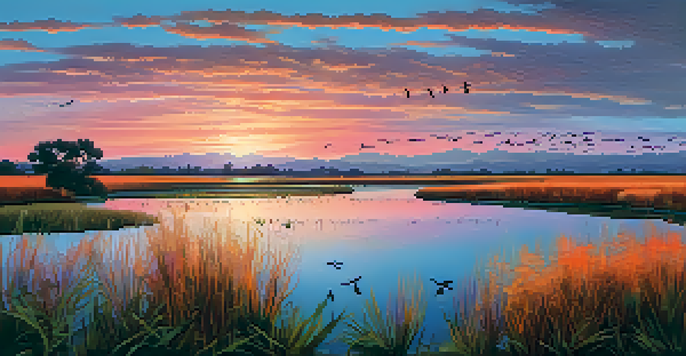 A sunset over wetlands in San Jose, with colorful reflections on the water and silhouettes of flying birds.