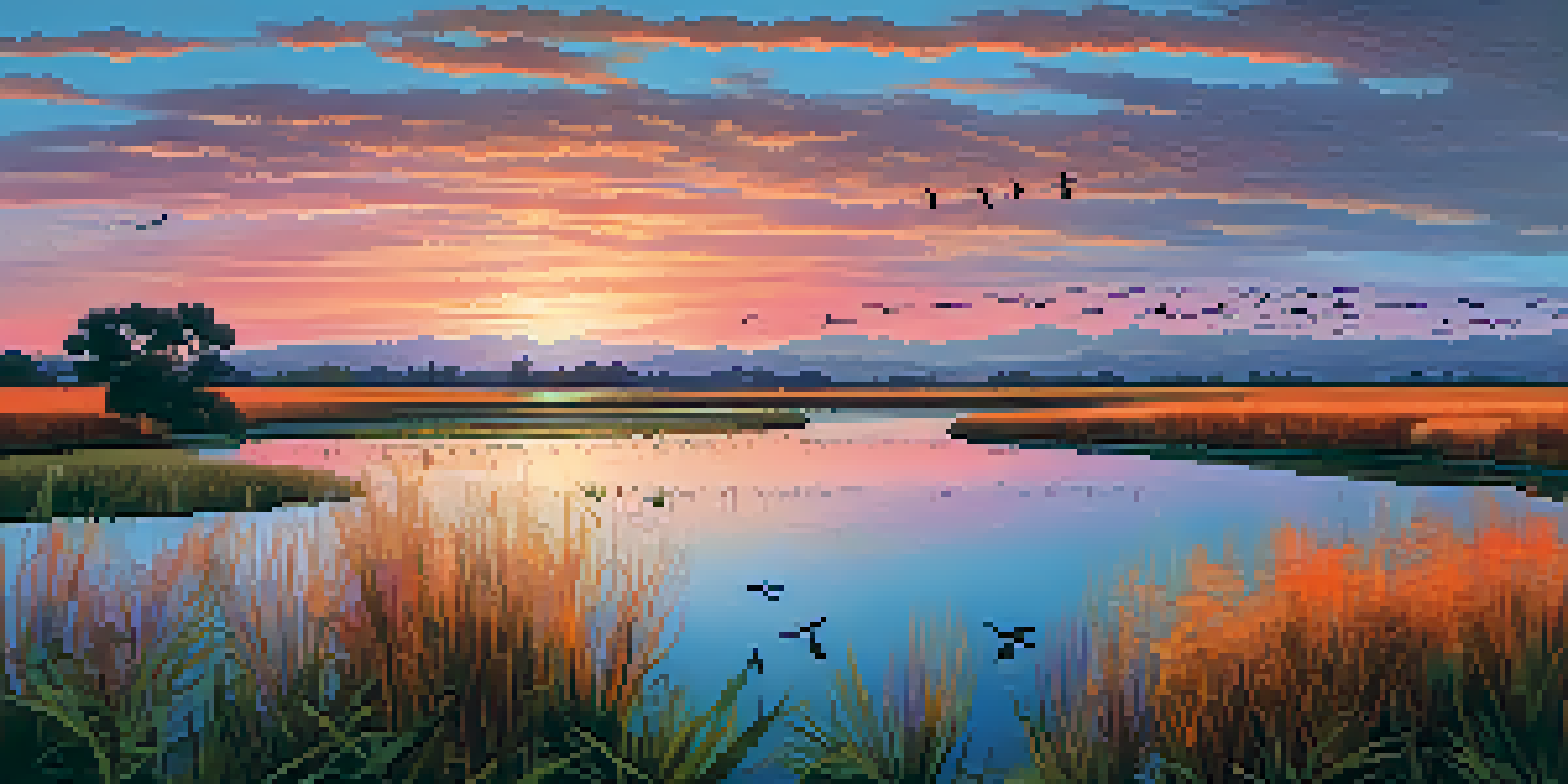 A sunset over wetlands in San Jose, with colorful reflections on the water and silhouettes of flying birds.
