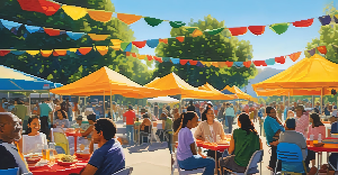 A lively park scene in San Jose with diverse people engaging in conversations and activities under colorful banners and food stalls.