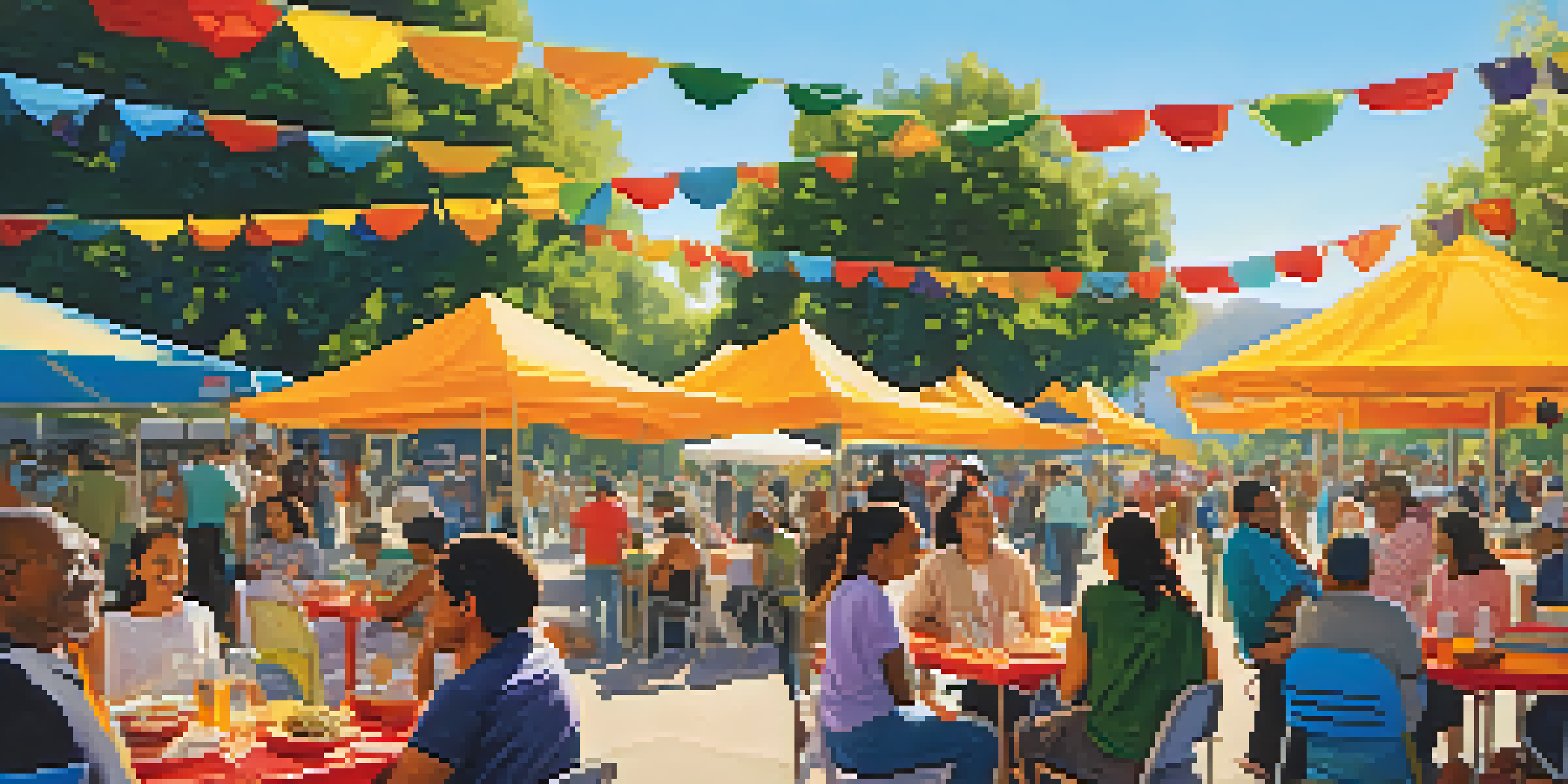 A lively park scene in San Jose with diverse people engaging in conversations and activities under colorful banners and food stalls.