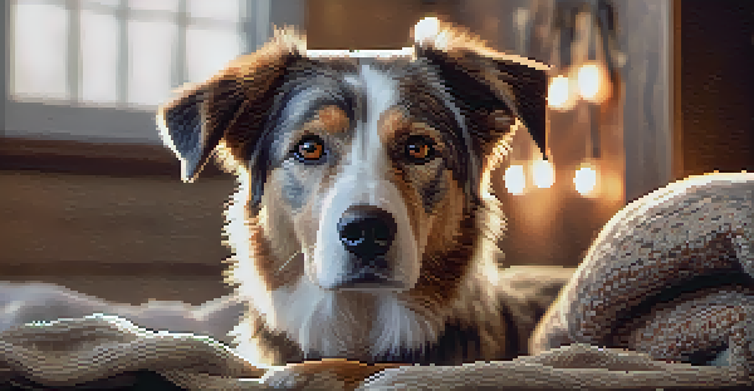 A close-up of a senior dog with a hopeful expression in a warm shelter setting.