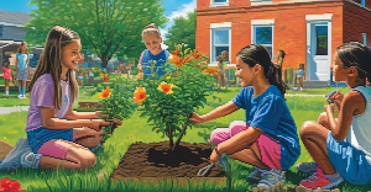 A young girl planting a tree in a community garden, surrounded by children, showcasing youth leadership in community service.