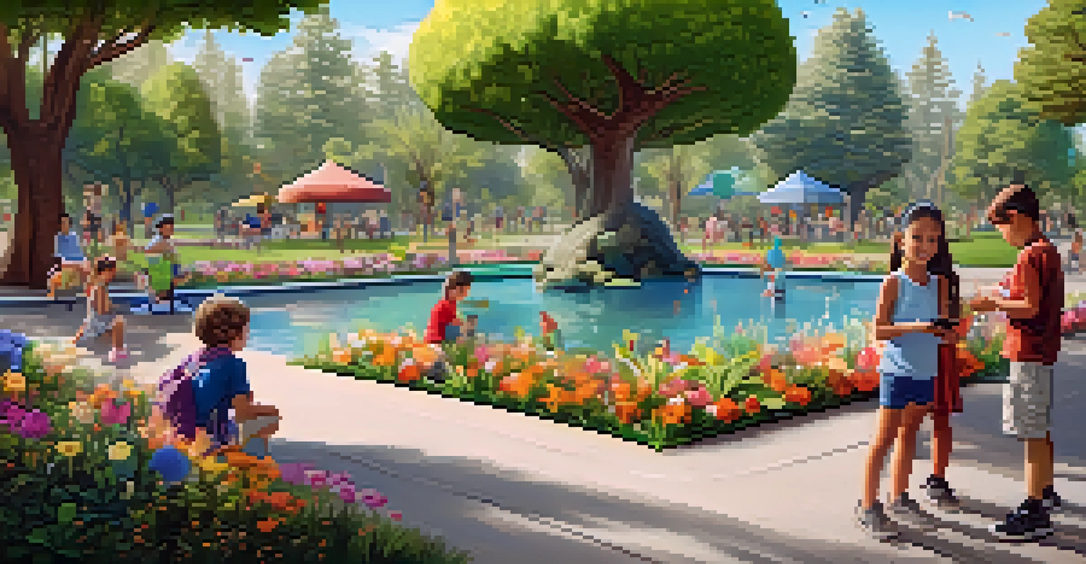 Families in a park in San Jose using augmented reality devices to interact with virtual animals in a lush green environment.