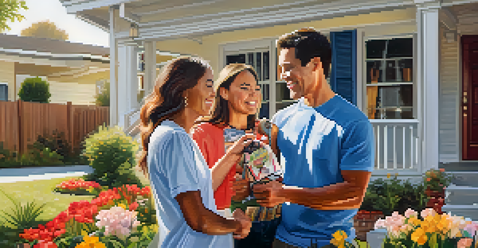 A family joyfully receiving keys to their new affordable home, surrounded by flowers and a welcoming porch.