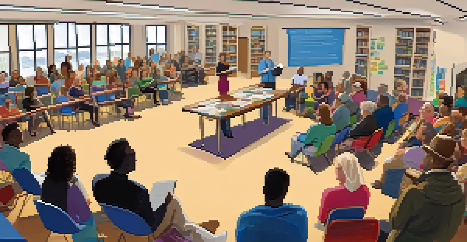 A community event in a public library featuring a local author reading their book, with an engaged audience and promotional materials visible.