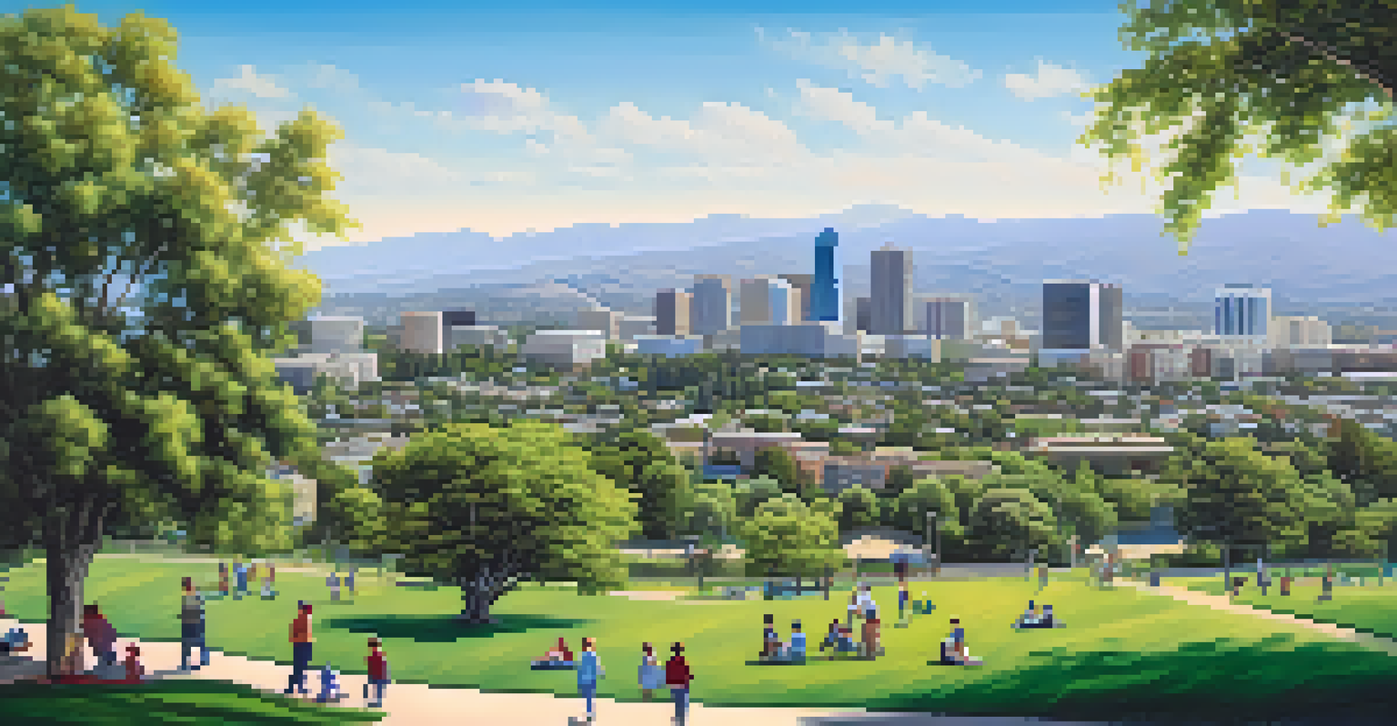 A panoramic view of San Jose's skyline featuring green parks and families enjoying outdoor activities in the city.