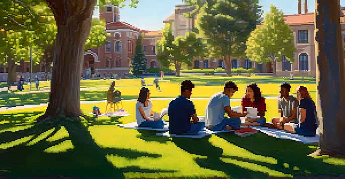 A lively university campus with students studying together on the grass, surrounded by flowers and historic buildings.