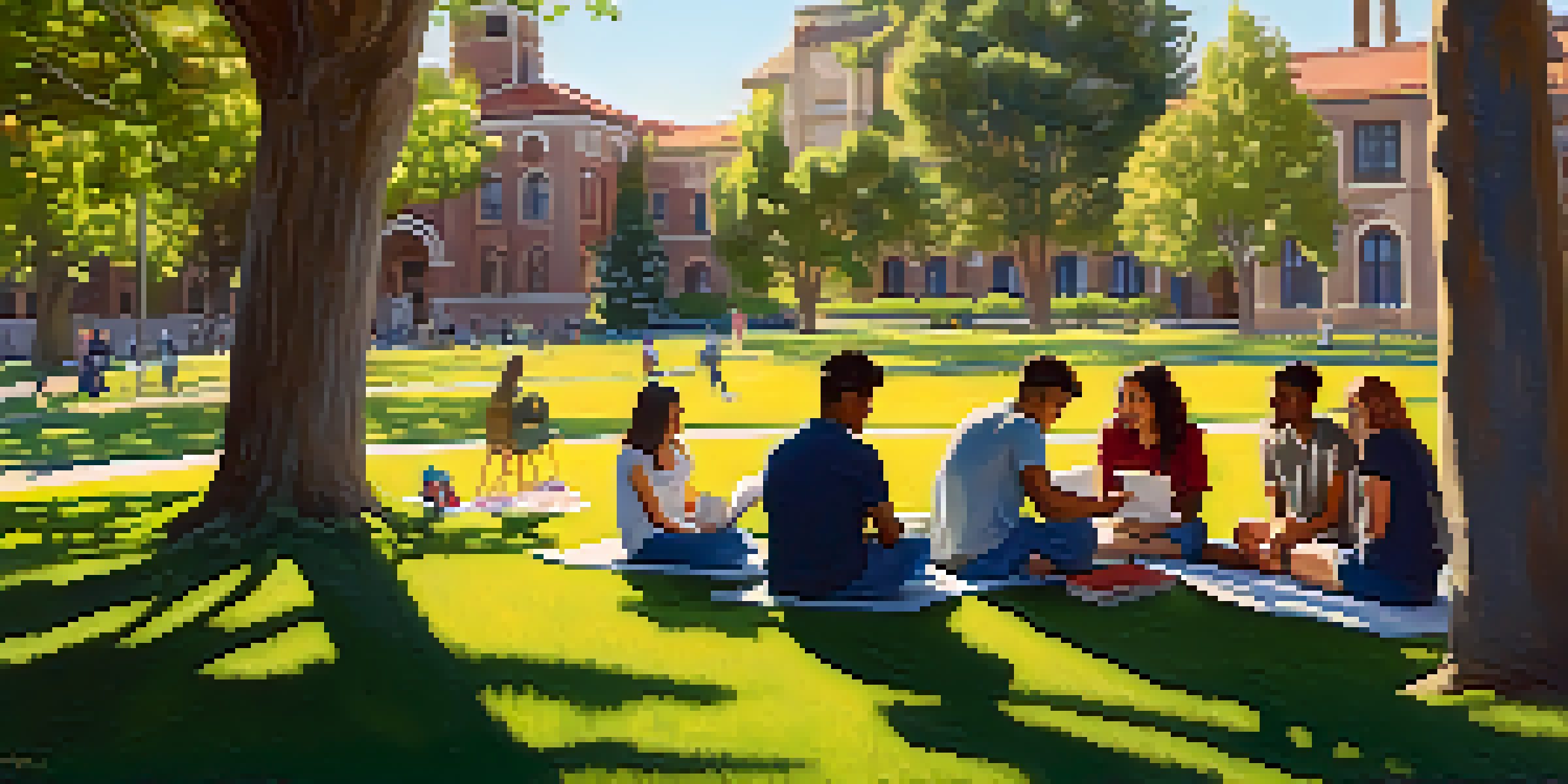 A lively university campus with students studying together on the grass, surrounded by flowers and historic buildings.