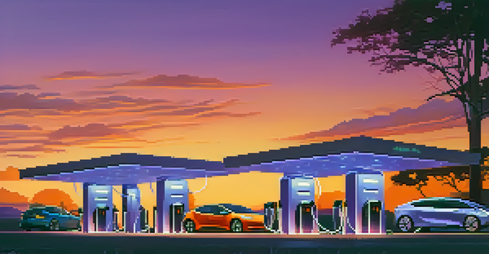 A busy electric vehicle charging station during sunset, featuring several electric cars plugged into modern chargers with colorful lights, surrounded by trees.
