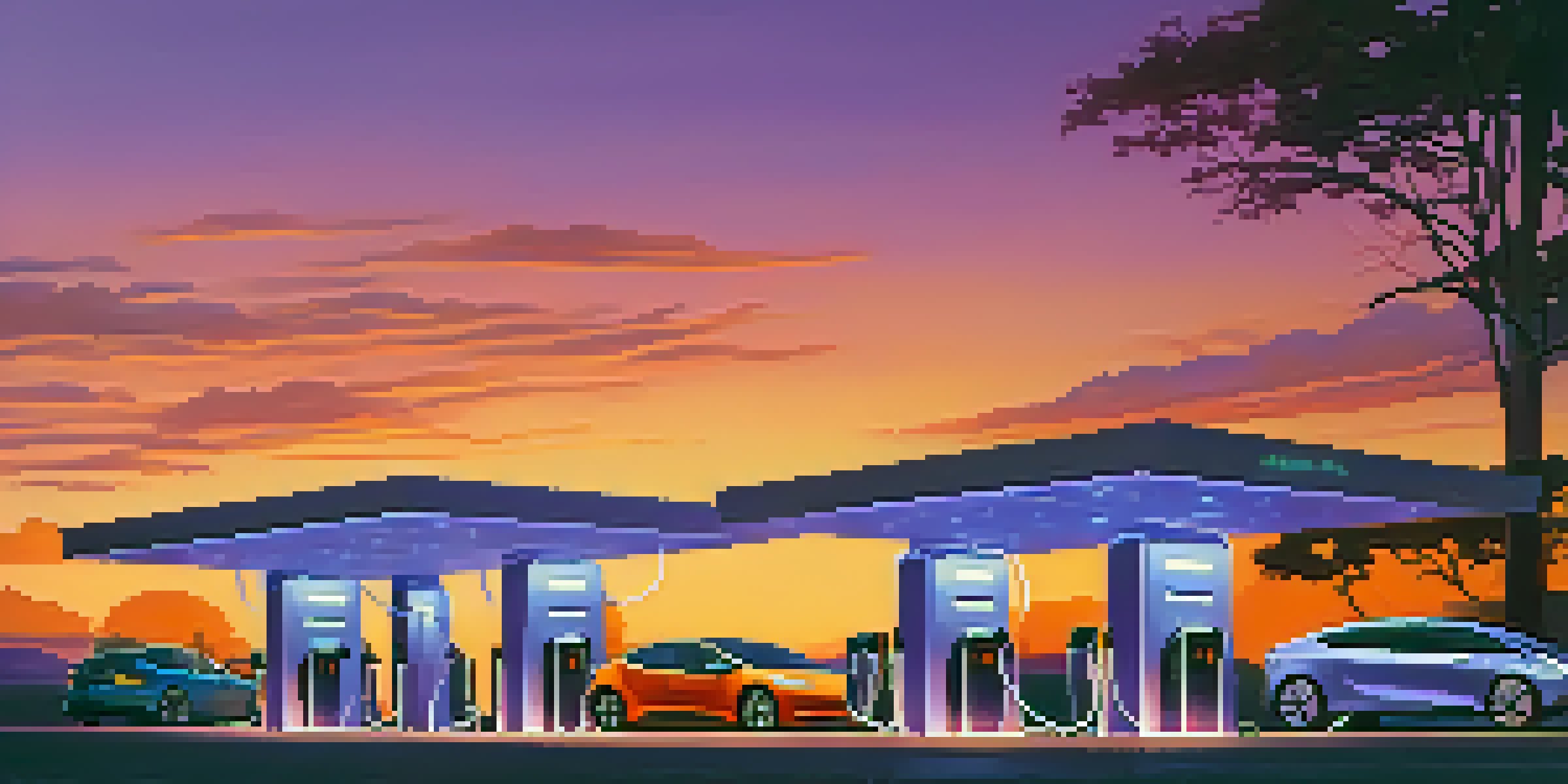 A busy electric vehicle charging station during sunset, featuring several electric cars plugged into modern chargers with colorful lights, surrounded by trees.