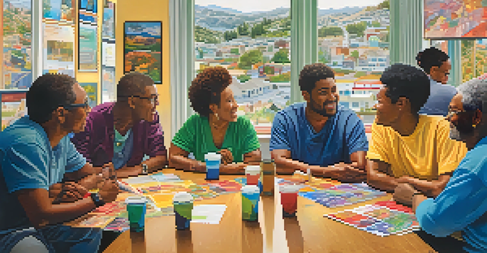 A diverse group of residents participating in a community meeting about housing issues in San Jose, with colorful posters and sunlight in the room.