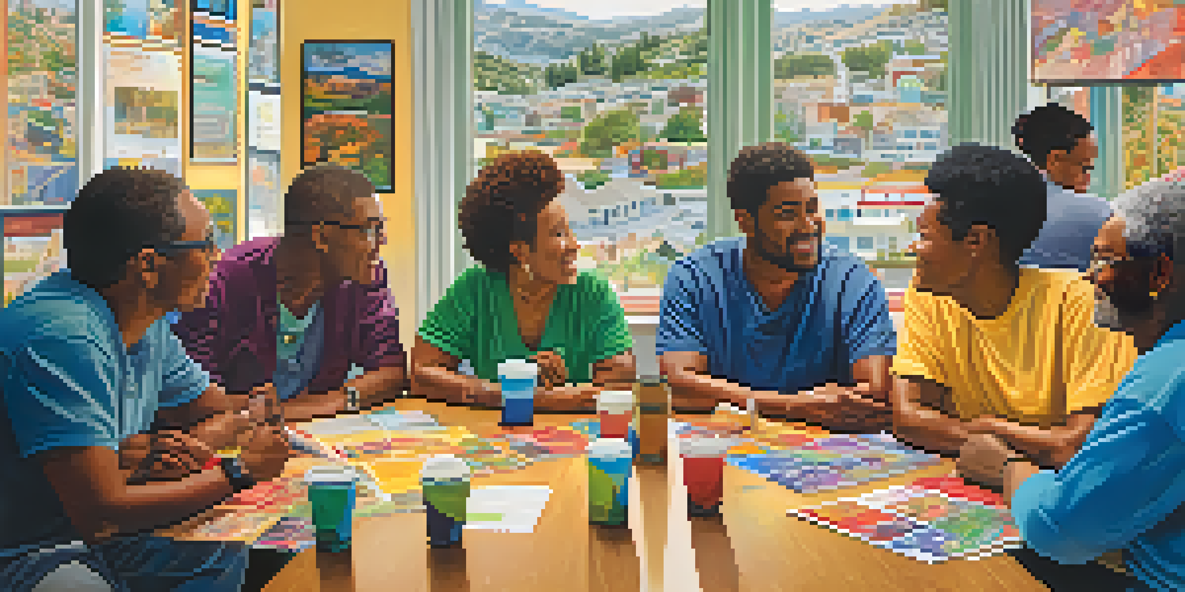 A diverse group of residents participating in a community meeting about housing issues in San Jose, with colorful posters and sunlight in the room.