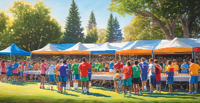 A lively community sports event with families cheering at a local soccer match, surrounded by food trucks and sunny skies.