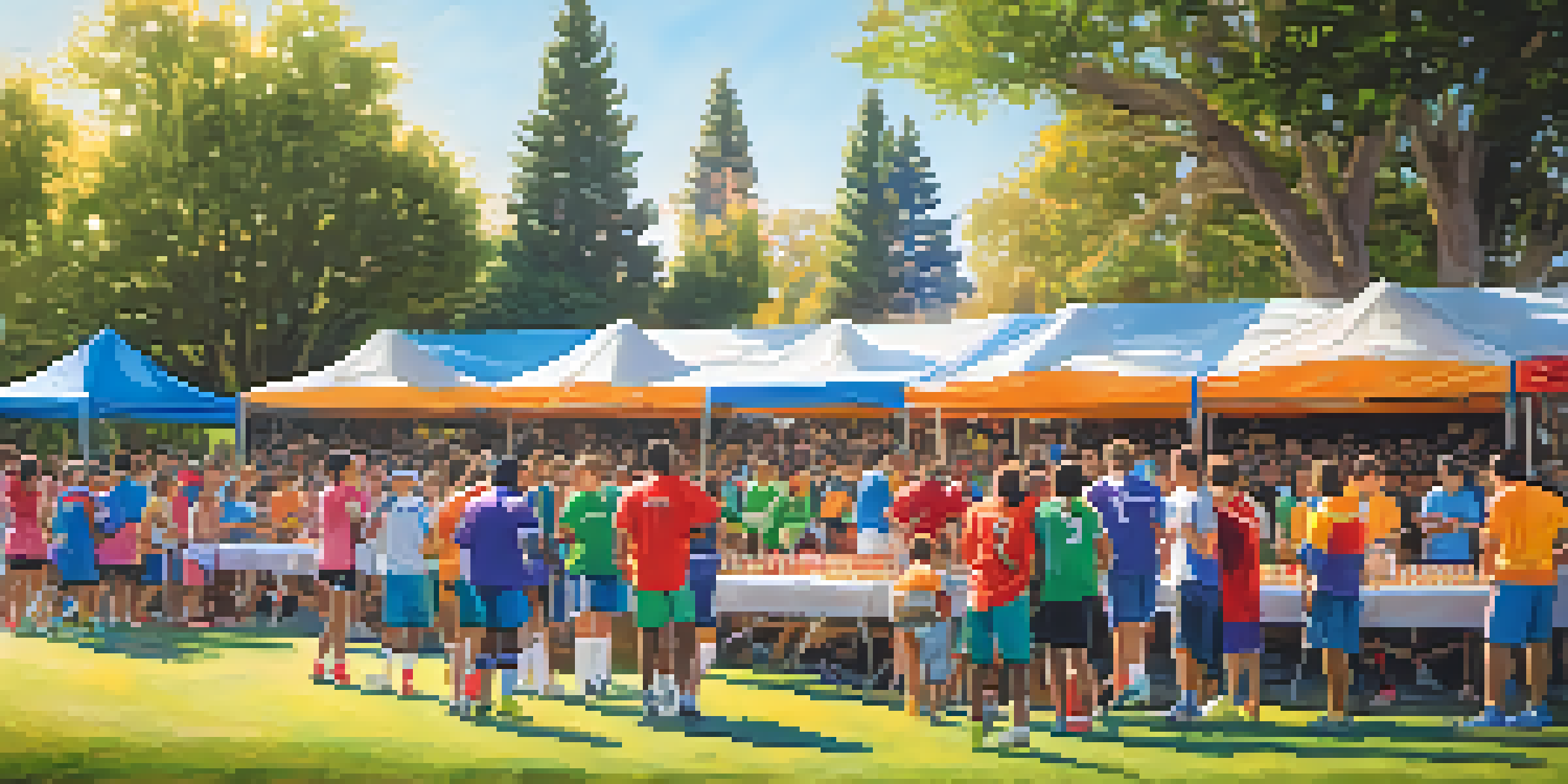 A lively community sports event with families cheering at a local soccer match, surrounded by food trucks and sunny skies.