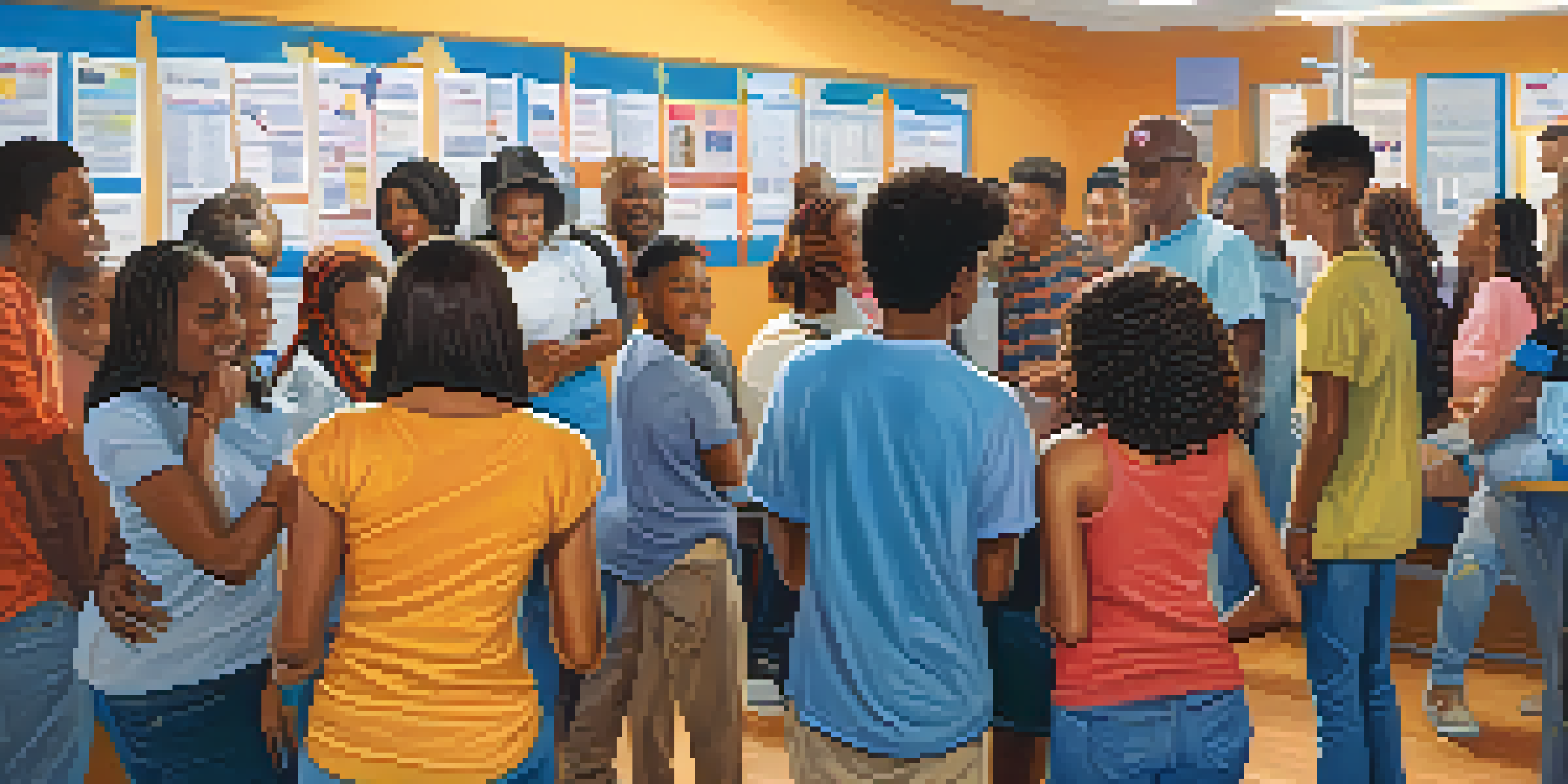 A diverse group of young people in a community center discussing local election issues, with banners and posters about voting rights on the walls.