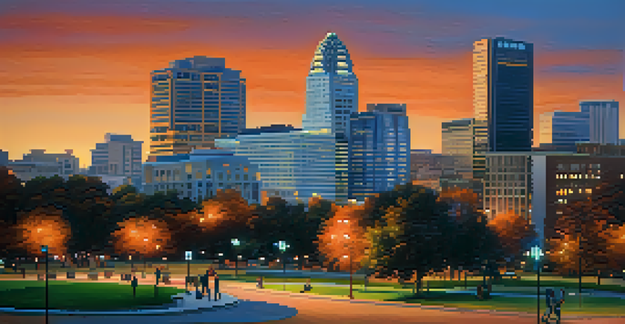 A cityscape of San Jose at dusk with skyscrapers and historic buildings, warm lights, and people discussing in a park.
