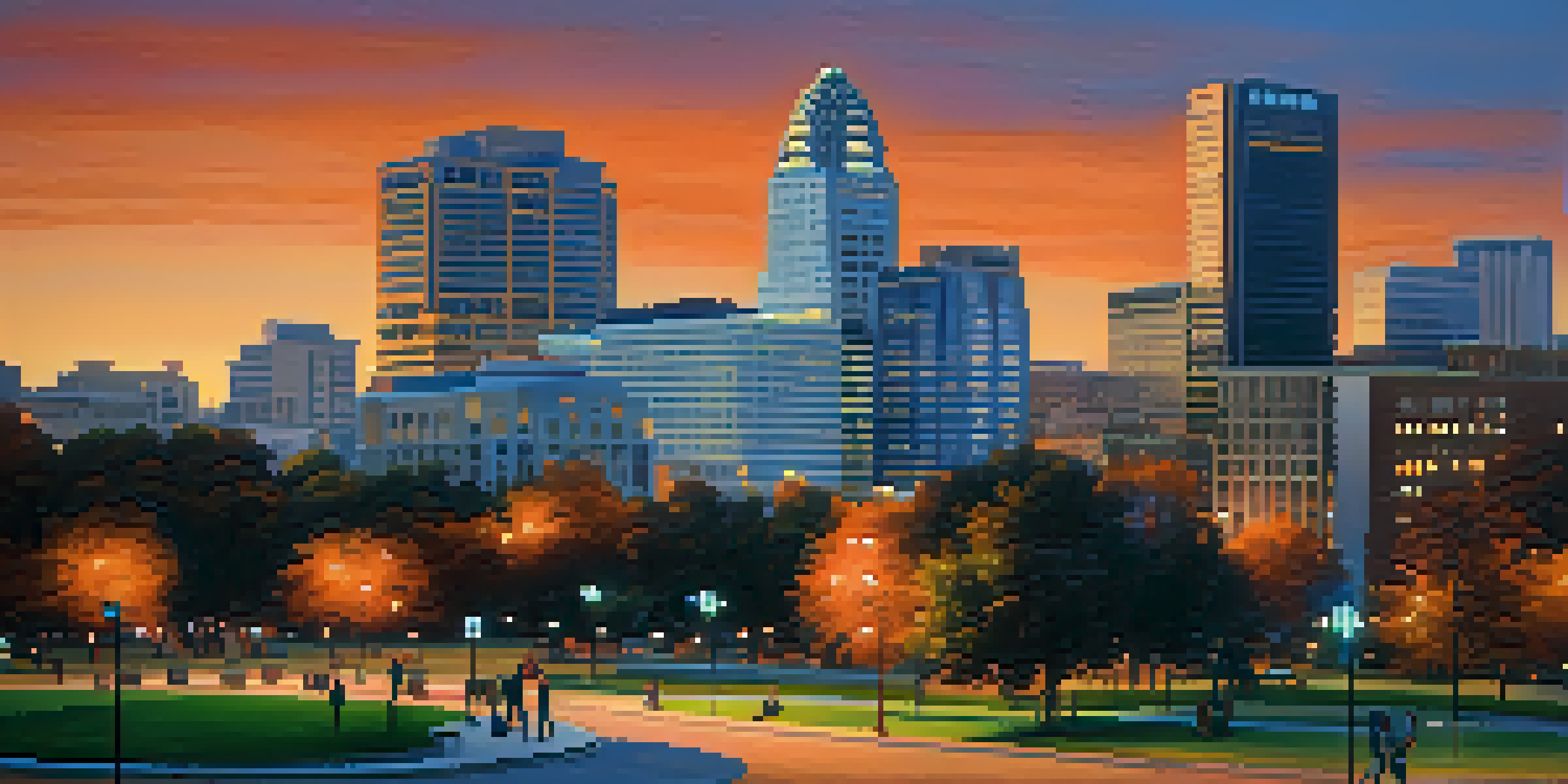 A cityscape of San Jose at dusk with skyscrapers and historic buildings, warm lights, and people discussing in a park.