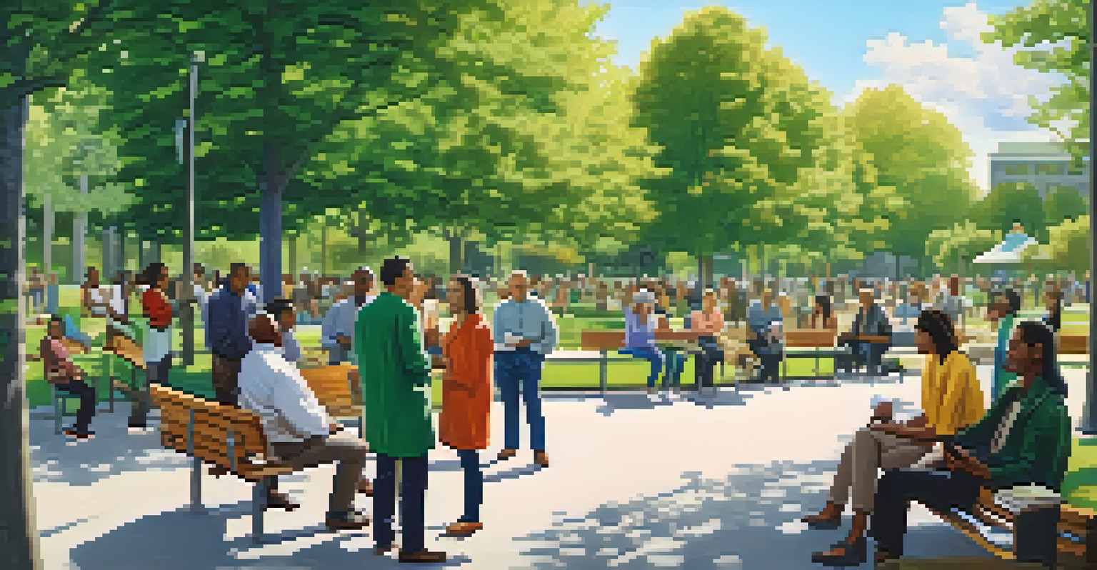 A community meeting in a park discussing smart surveillance measures among diverse residents.