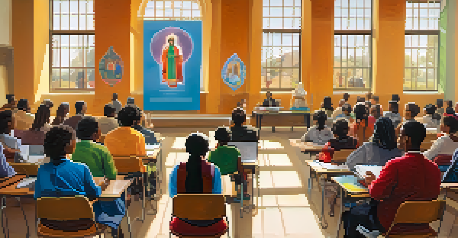 A diverse group of people in a bright classroom, listening to a speaker presenting on interfaith topics with religious symbols displayed on a projector.