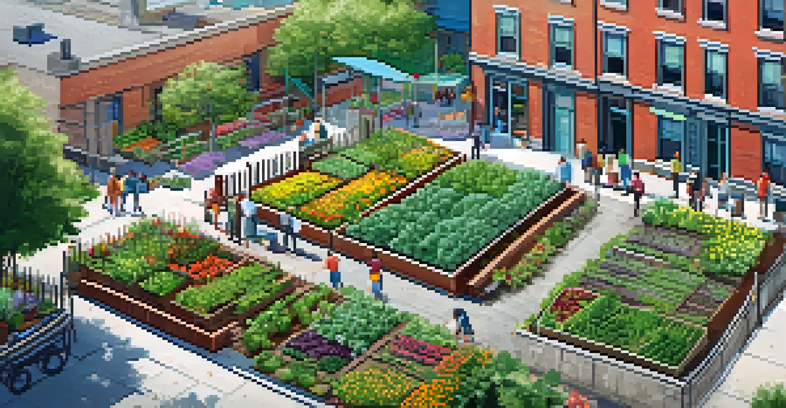 Aerial view of a community garden in an urban area, featuring organized vegetable plots and flowers, with people working in the garden.