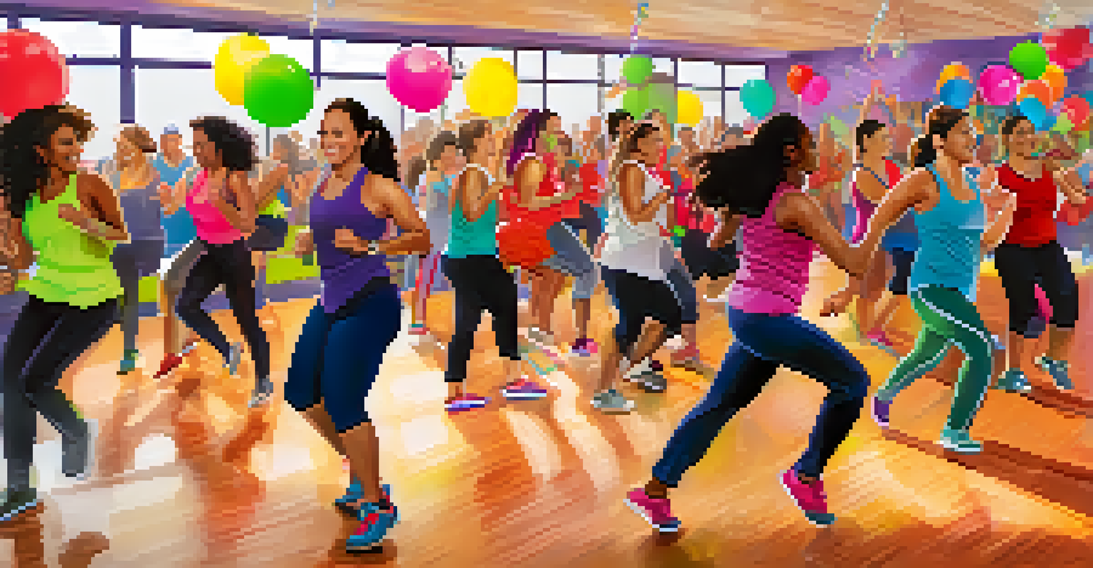 A diverse group of people enjoying a Zumba class in a community center, dancing energetically.