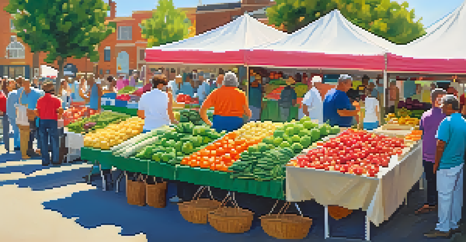 A lively farmers' market filled with colorful fruits and vegetables, with farmers and community members interacting and cooking demonstrations happening.
