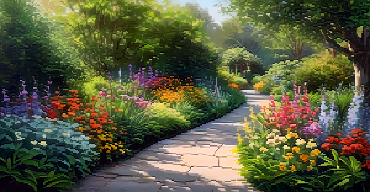 A garden pathway lined with colorful flowers and native plants, with birds chirping and sunlight filtering through the leaves.