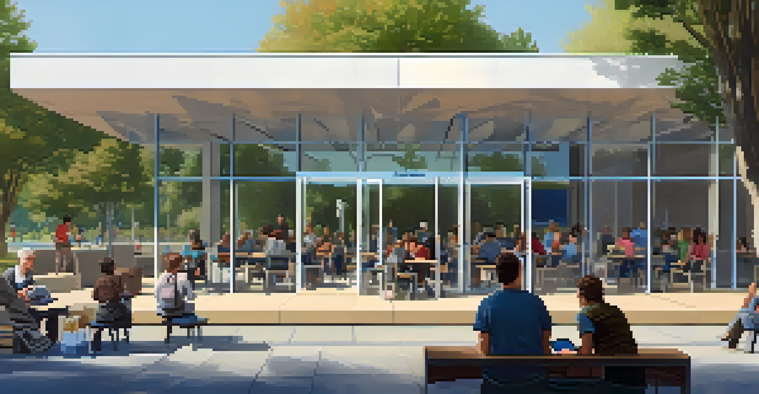 An outdoor view of a public library in San Jose, featuring a digital inclusion banner and people using laptops and tablets, surrounded by trees and a clear sky.