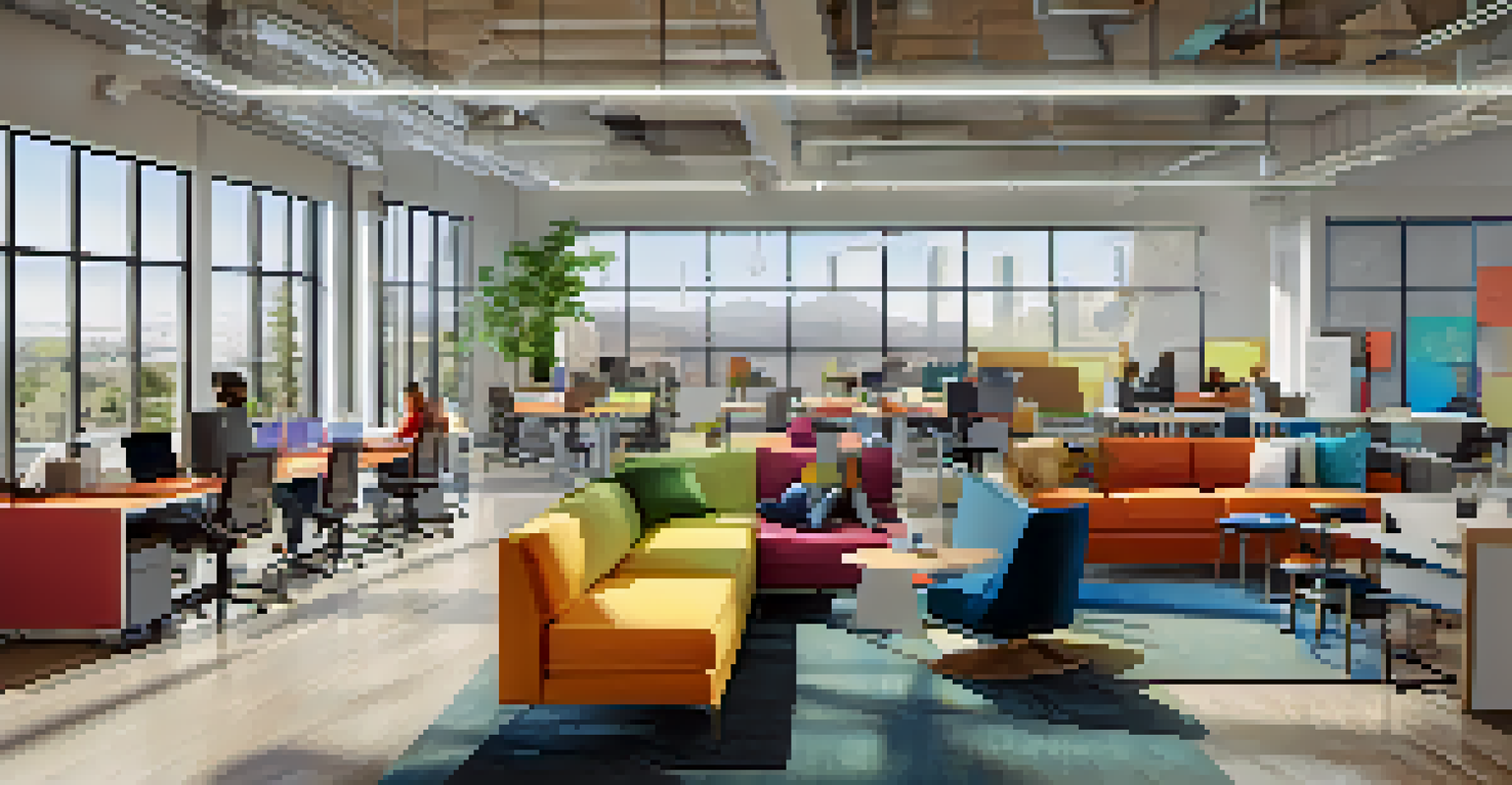 Inside a modern collaborative workspace in San Jose, with teams brainstorming, colorful furniture, and natural light filling the room.